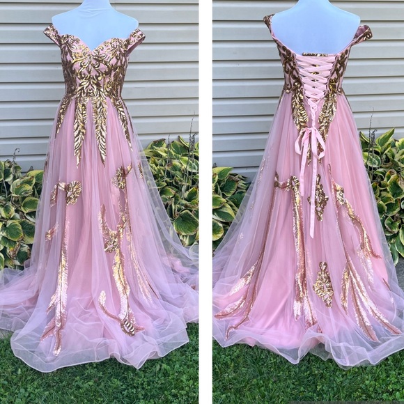 Dresses & Skirts - NWT Pink Off Shoulder Corset Back Gold Sequin Formal Cinderella Dress Gown